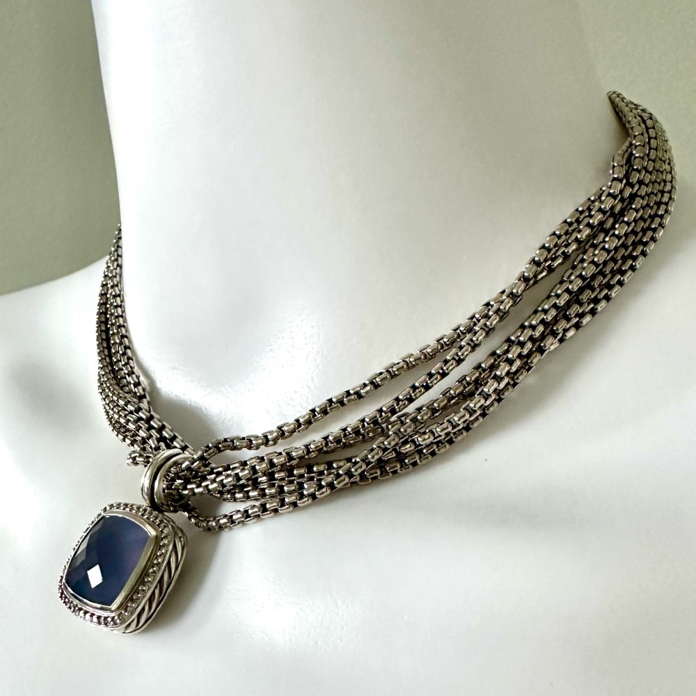 David Yurman sterling silver/Blue Chalcedony set of earrings, necklace & pendant